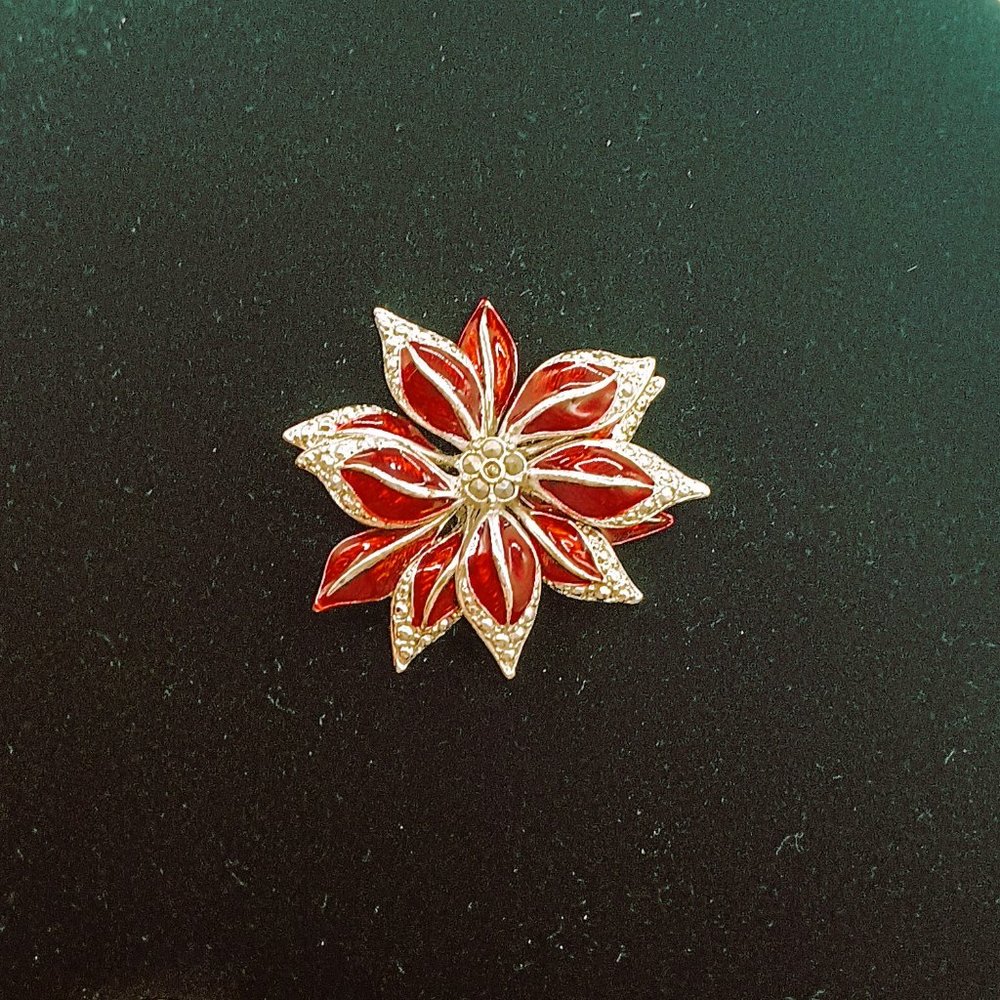 Red Enamel Pave' Poinsettia Brooch Women's Holiday Floral Silver Pin Jewelry